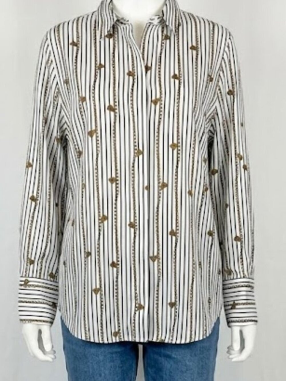 Chico's NWOT No Iron Cotton Button Down Nautical Chain Tassel Print Sz 2 / L